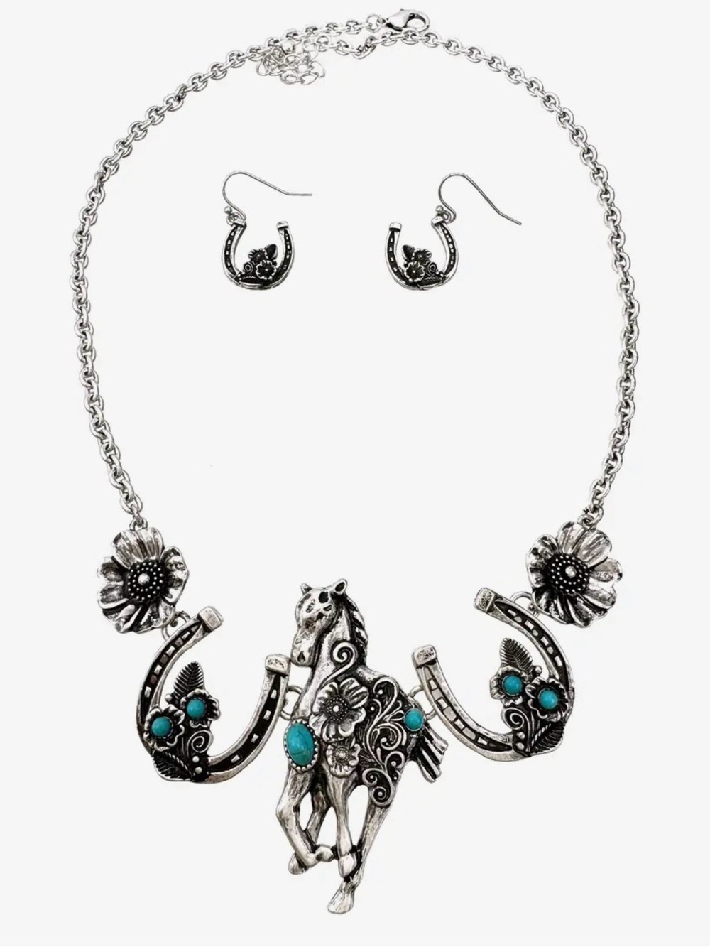 Silver-Tone Horse Pendant Necklace & Earrings Set with Turquoise Accents